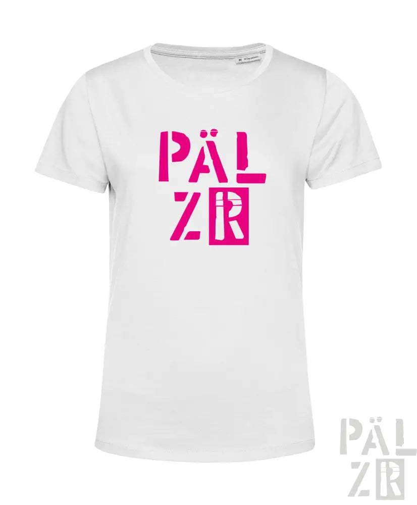 Weißes T-Shirt mit pinkem ’pälzr’-Logo-Design, aus Baumwolle gefertigt.