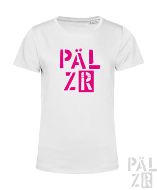 Weißes T-Shirt mit pinkem ’pälzr’-Logo-Design, aus Baumwolle gefertigt.