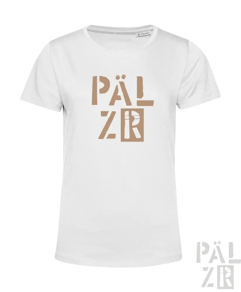 Weißes T-Shirt mit ’pälzr’-Logo in Gold- und Schwarzdesign.