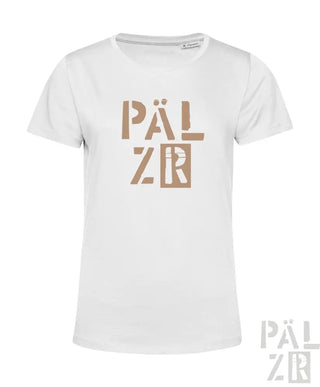 Weißes T-Shirt mit ’pälzr’-Logo in Gold- und Schwarzdesign.