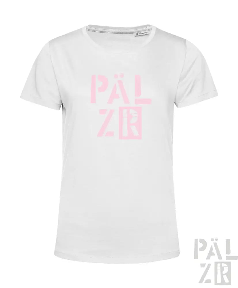 Weißes T-Shirt mit pinkem ’palzor’-Logo-Design, aus Baumwolle.
