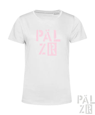 Weißes T-Shirt mit pinkem ’palzor’-Logo-Design, aus Baumwolle.