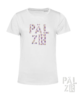 Weißes T-Shirt mit Blumenmuster auf der Vorderseite, mit dem Text ’pälzer’.