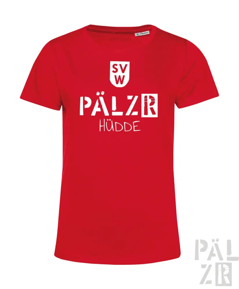 Rotes T-Shirt mit weißem Logo und Textdesign, das ’svw pälzb hüdde’ in fetten Buchstaben zeigt.