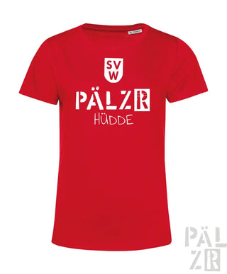 Rotes T-Shirt mit weißem Logo und Textdesign, das ’svw pälzb hüdde’ in fetten Buchstaben zeigt.