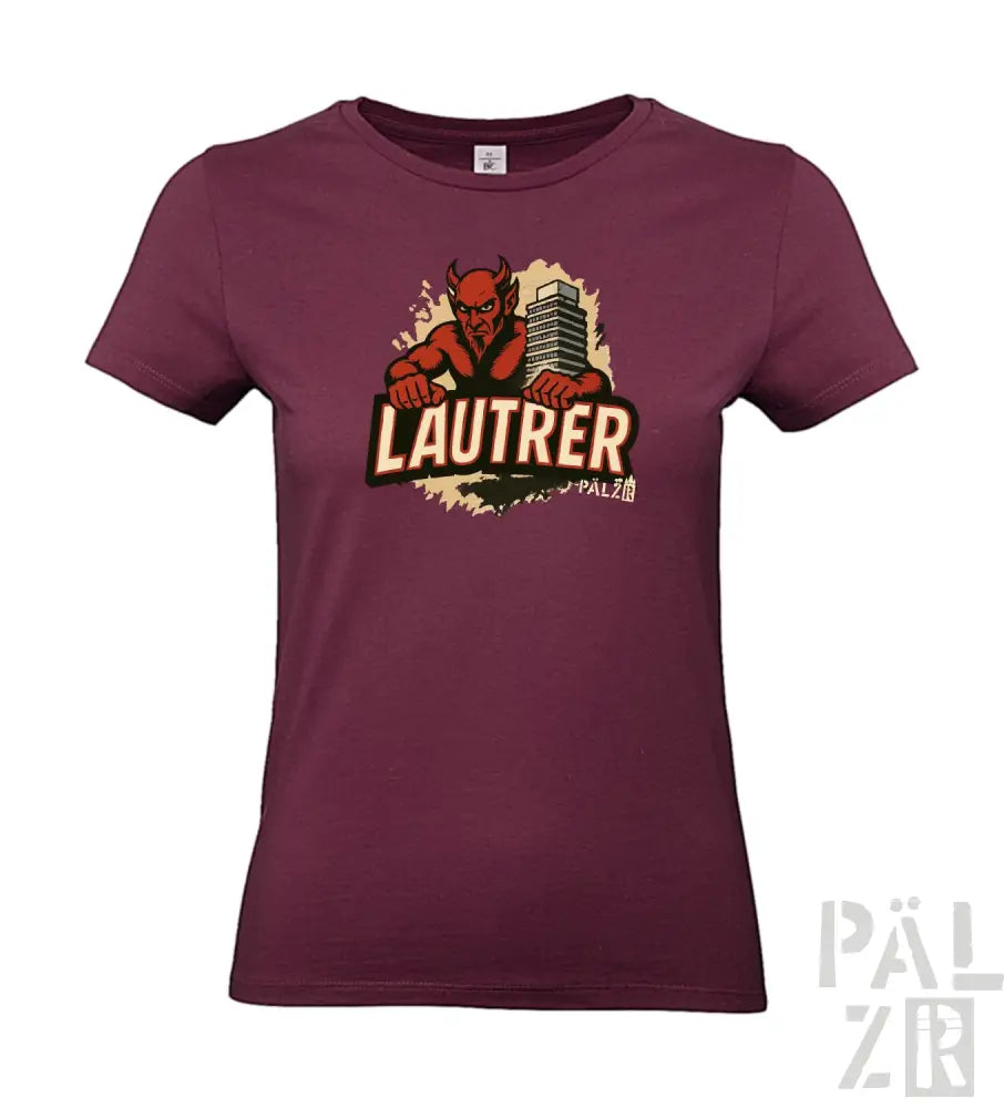 Bordeaux-Farbenes T-Shirt mit Teufel-Design und ‚lautrer‘-Text, Baumwollmaterial.