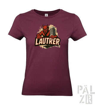 Bordeaux-Farbenes T-Shirt mit Teufel-Design und ‚lautrer‘-Text, Baumwollmaterial.