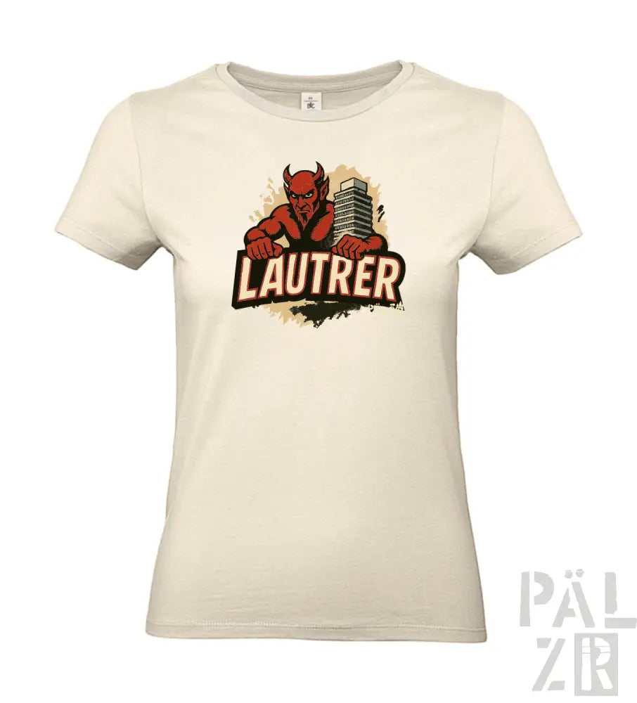 Cremeweiße T-Shirt mit Teufel-Design und ’lautrer’-Text, mit Mikrofon-Element.