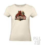 Cremeweiße T-Shirt mit Teufel-Design und ’lautrer’-Text, mit Mikrofon-Element.