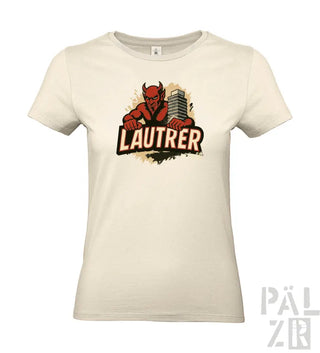 Cremeweiße T-Shirt mit Teufel-Design und ’lautrer’-Text, mit Mikrofon-Element.