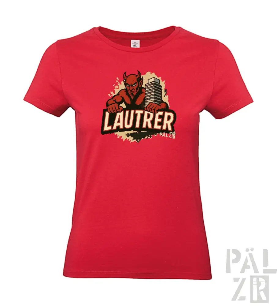Rotes T-Shirt mit Teufel-Design und ’lautrer’-Text, Baumwollmaterial.