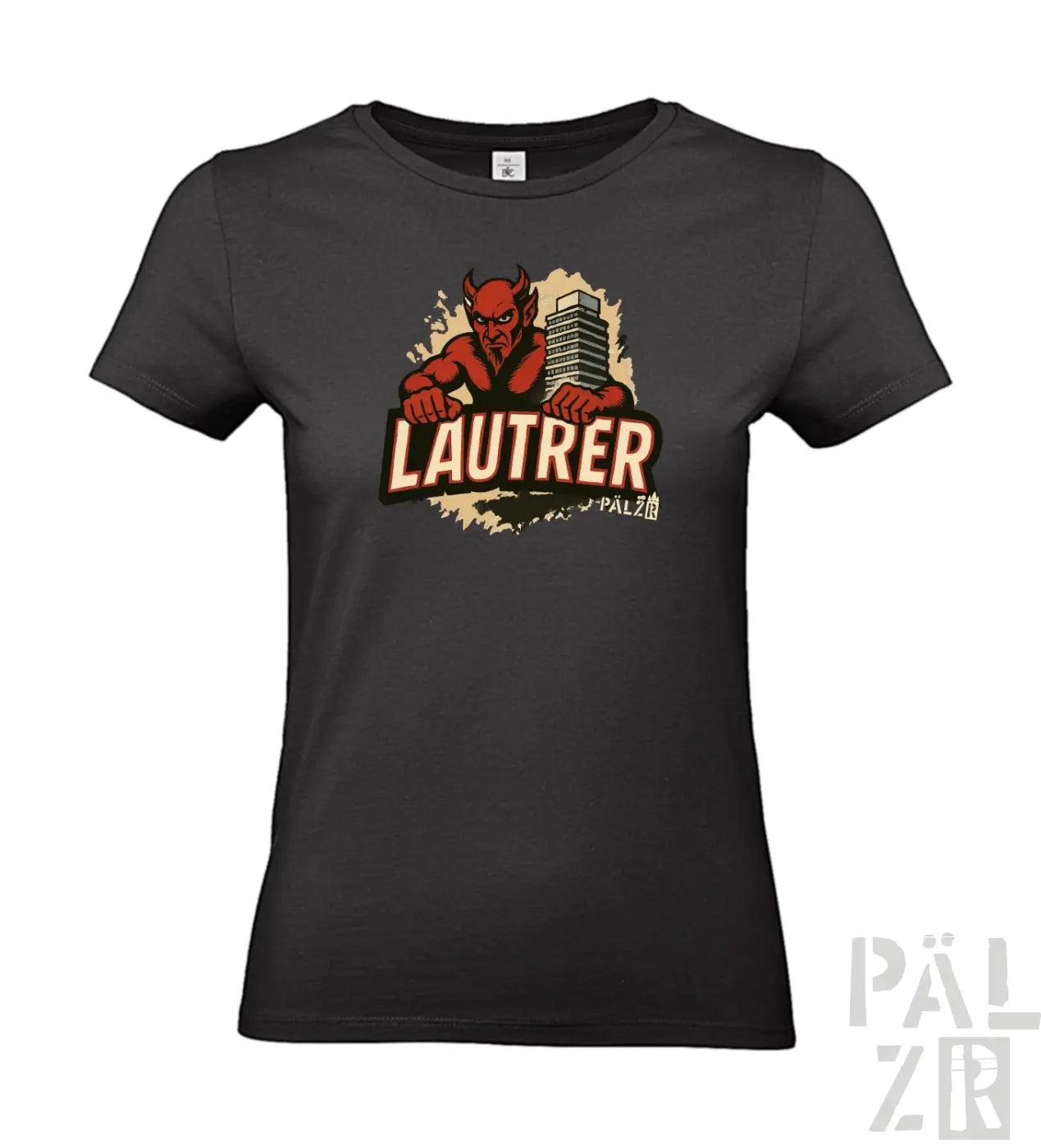 Schwarzes T-Shirt mit rotem Teufel-Design und ’lautrer’-Text.