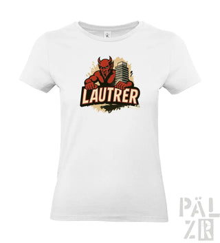 Weißes T-Shirt mit Teufel-Design und Mikrofon, ’lautrer’ Text in fetter roter und schwarzer Schrift.