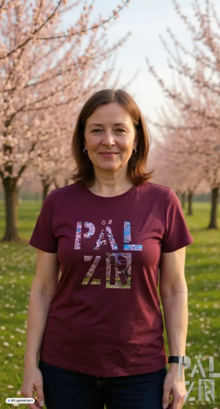 Frauen t-shirt in braun mit kurzarm und farbigem grafischen päl zer print auf der brust