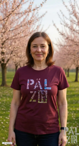 Frauen t-shirt in braun mit kurzarm und farbigem grafischen päl zer print auf der brust