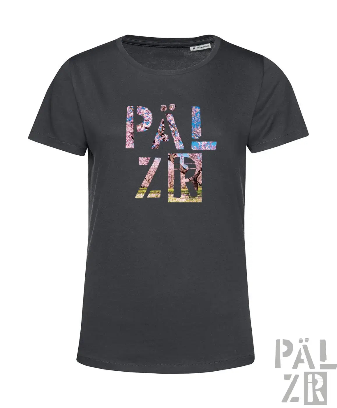 Damen t-shirt pälzr mandelblüte in dunkelgrau mit buntem collage schriftzug und floral-lanschaftsdesign