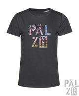 Damen t-shirt pälzr mandelblüte in dunkelgrau mit buntem collage schriftzug und floral-lanschaftsdesign