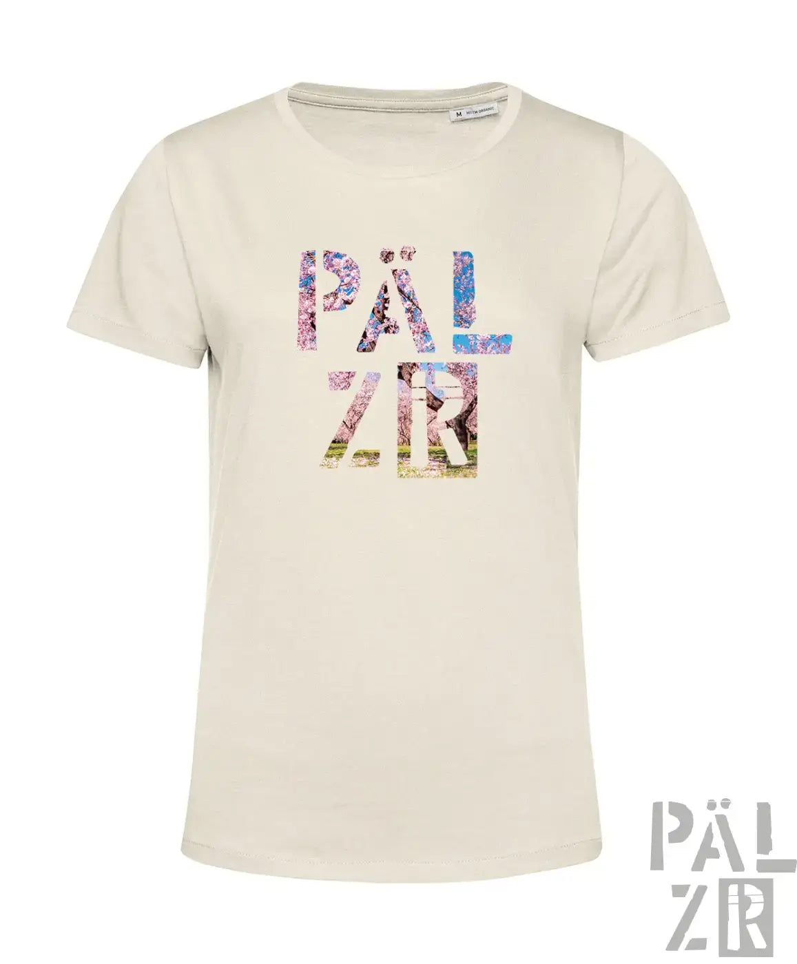 Creamfarbenes frauen t-shirt mit lebendigem mehrfarbigem blumenmuster im pälz schriftzug auf der brust
