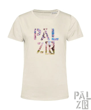 Creamfarbenes frauen t-shirt mit lebendigem mehrfarbigem blumenmuster im pälz schriftzug auf der brust