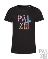 Schwarzes frauen kurzarm t-shirt mit dem wort pälz in bunter mandelblüten floral schrift auf der brust