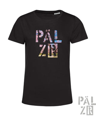 Schwarzes frauen kurzarm t-shirt mit dem wort pälz in bunter mandelblüten floral schrift auf der brust