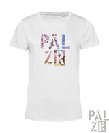 Weißes kurzarm damen t-shirt mit bunter blumen schrift pälz auf der brust verschiedene farben