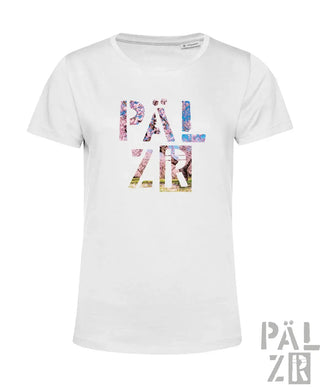 Weißes kurzarm damen t-shirt mit bunter blumen schrift pälz auf der brust verschiedene farben