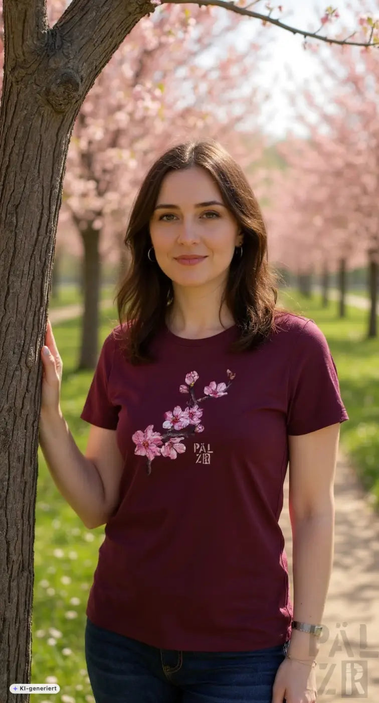 Maroon frauen t-shirt mit rosa kirschblütenmotiv und pal zio text aus der pälzr mandelzweig kollektion