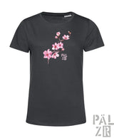 Dunkelgraues frauen t shirt päl zr mit zartem rosa mandelzweig grafik und logo verschiedene farben