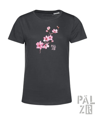 Dunkelgraues frauen t shirt päl zr mit zartem rosa mandelzweig grafik und logo verschiedene farben