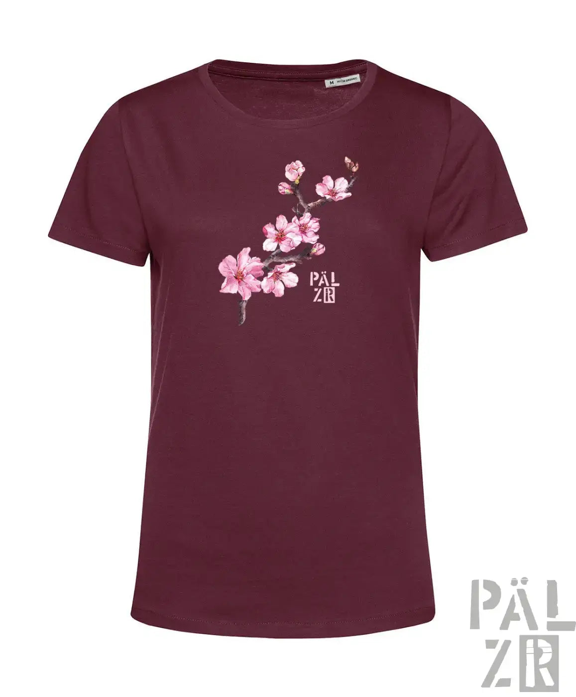 Frauens maroon kurzarmshirt mit zartem pinkem mandelzweig und päl zir logo in weiß