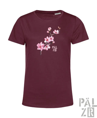 Frauens maroon kurzarmshirt mit zartem pinkem mandelzweig und päl zir logo in weiß