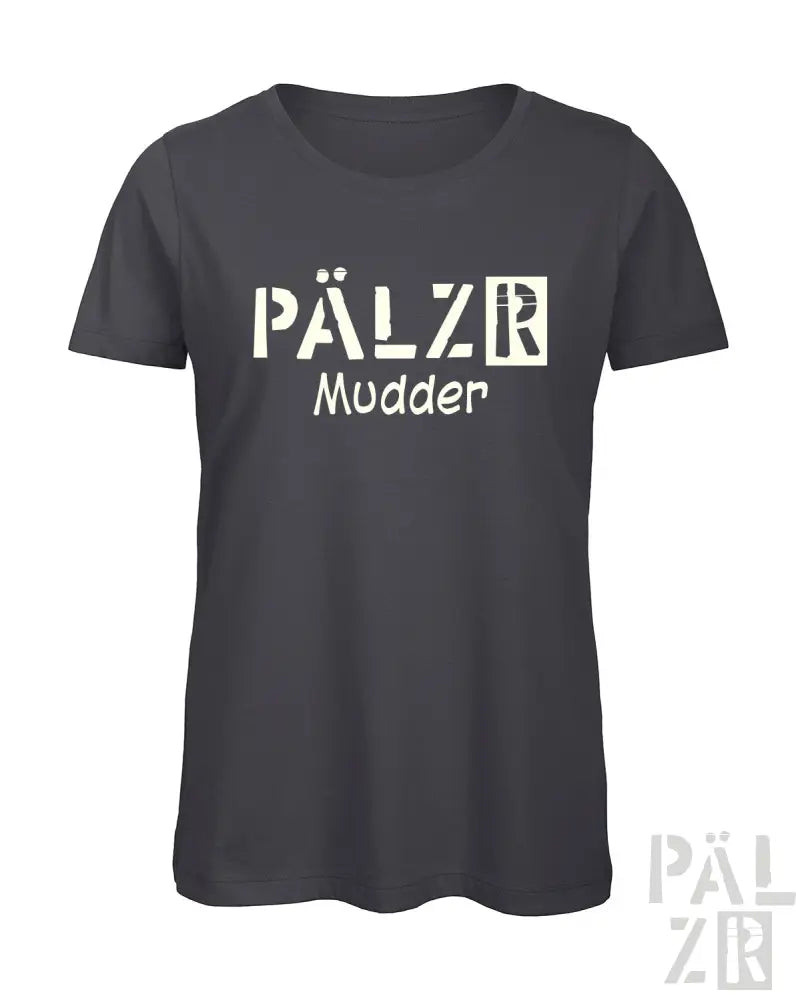 Kohle-graues T-Shirt mit ’pälzr mudder’-Text und Grafikdesign.