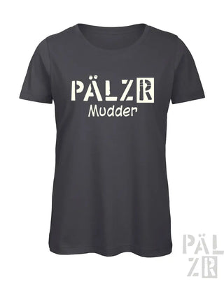 Kohle-graues T-Shirt mit ’pälzr mudder’-Text und Grafikdesign.