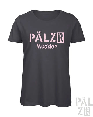 Kohle-graues T-Shirt mit Text ’pälzr mudder’ und Grafikdesign.