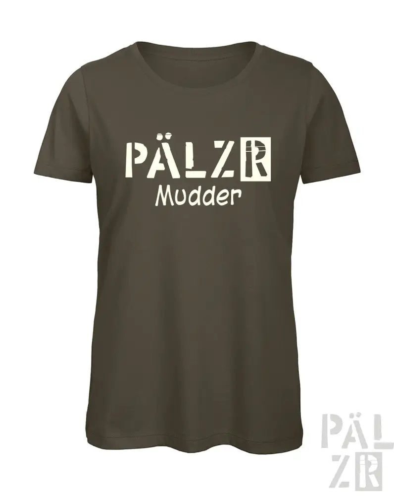 Olivgrünes T-Shirt mit ’pälzr mudder’-Design und Grafik einer in Bewegung befindlichen Person.