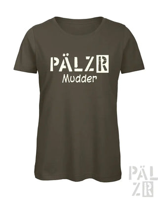 Olivgrünes T-Shirt mit ’pälzr mudder’-Design und Grafik einer in Bewegung befindlichen Person.