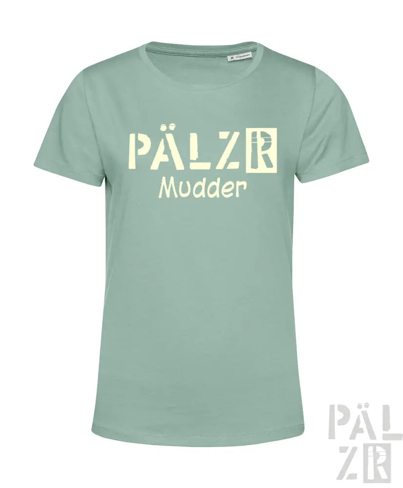 Mintgrünes T-Shirt mit ’pälzr mudder’-Design in Weiß und Gelb.