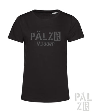 Schwarzes T-Shirt mit Textdesign „pälzr mudder“, kurzen Ärmeln und Rundhals.