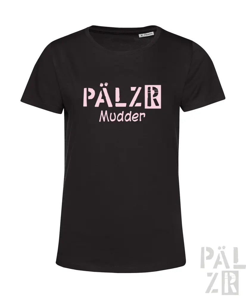 Schwarzes T-Shirt mit Textdesign ’pälzb mudder’, Baumwollmaterial.