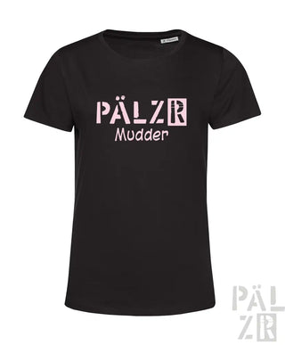 Schwarzes T-Shirt mit Textdesign ’pälzb mudder’, Baumwollmaterial.