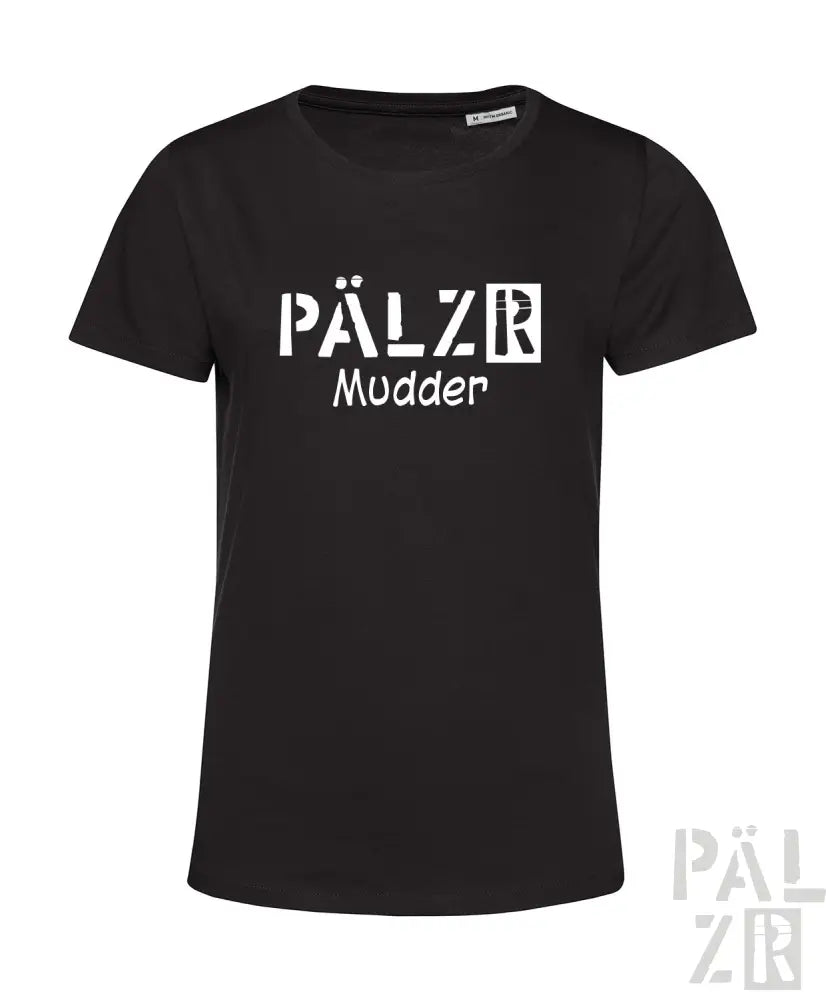 Schwarzes T-Shirt mit weißem Text ’pälzr mudder’ und Grafikdesign, aus Baumwolle gefertigt.