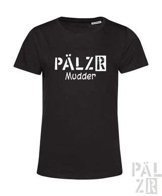 Schwarzes T-Shirt mit weißem Text ’pälzr mudder’ und Grafikdesign, aus Baumwolle gefertigt.