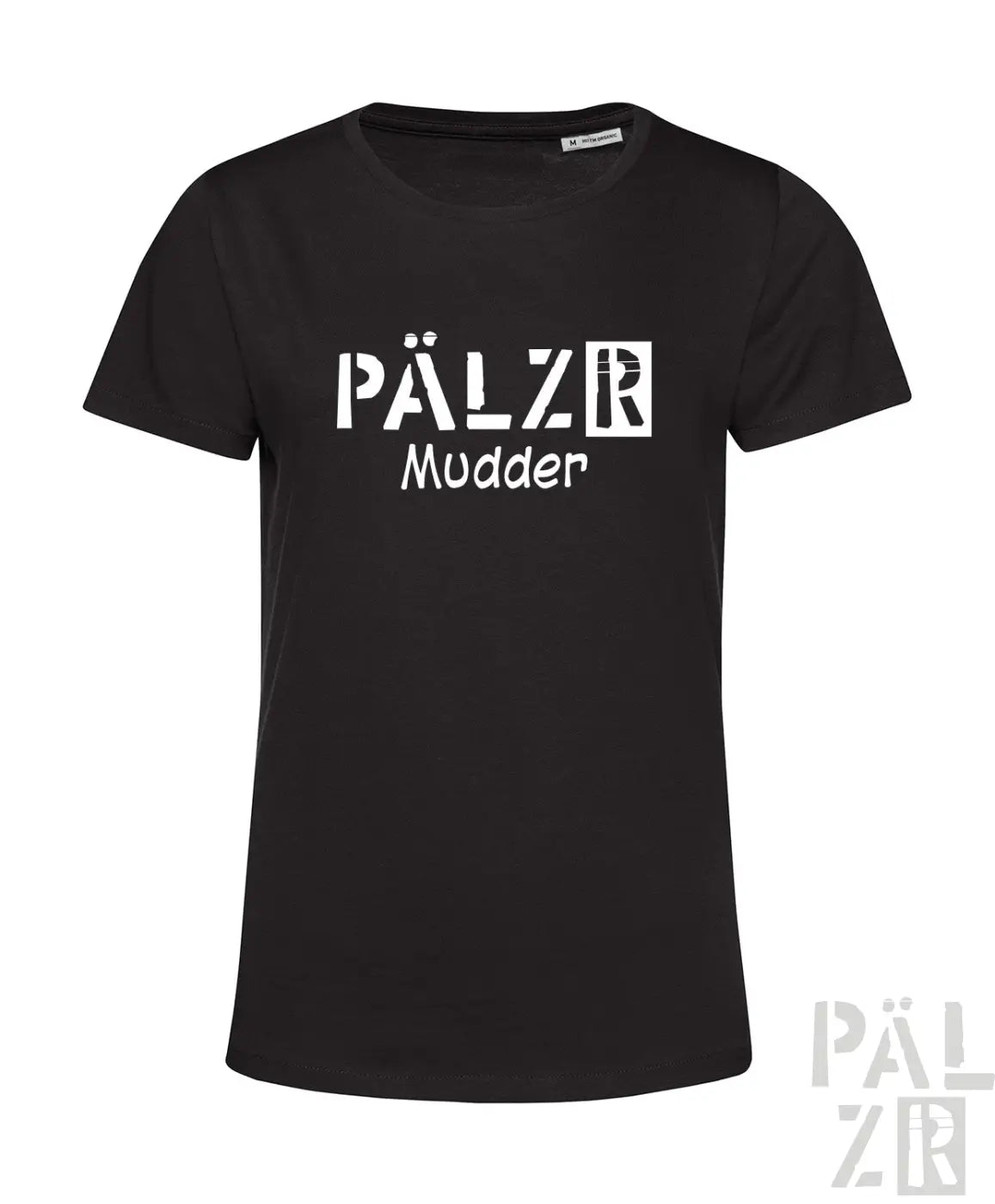 Schwarzes T-Shirt mit weißem Text ’pälzr mudder’ und Grafikdesign, aus Baumwolle gefertigt.