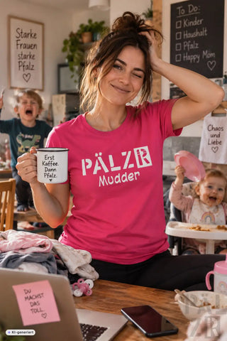 Frauen t-shirt in rosa mit weißem schriftzug pälzer mudder und kleinem herz symbol darunter aus baumwolle