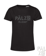 Schwarzes kurzarm damen t-shirt mit grauem pälzr mudder grafikdruck vorderseite