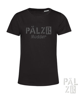 Schwarzes kurzarm damen t-shirt mit grauem pälzr mudder grafikdruck vorderseite
