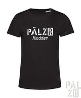 Schwarzes frauen kurzarm t shirt mit weißem pälzr mudder print in verschiedenen farben