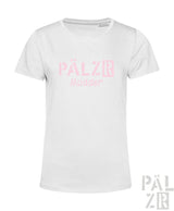 Weißes kurzarm t-shirt für frauen mit pinkem pälzr mudder logo vorne in verschiedenen farben erhältlich