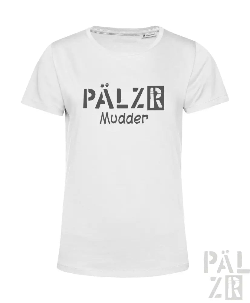 Weißes T-Shirt mit ’pälzb’- und ’mudder’-Design, Baumwollmaterial.